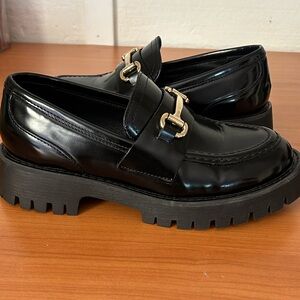 Steve Madden Black Patent Loafers with Gold Bit